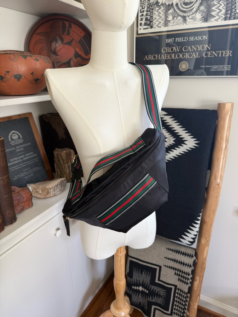 Striped Webbing Black Nylon Fanny Pack/Sling bag